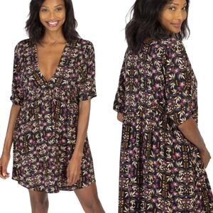 Natural Life Stella Mini Dress Tunic Floral Print VNeck Babydoll Black Pink XS/S